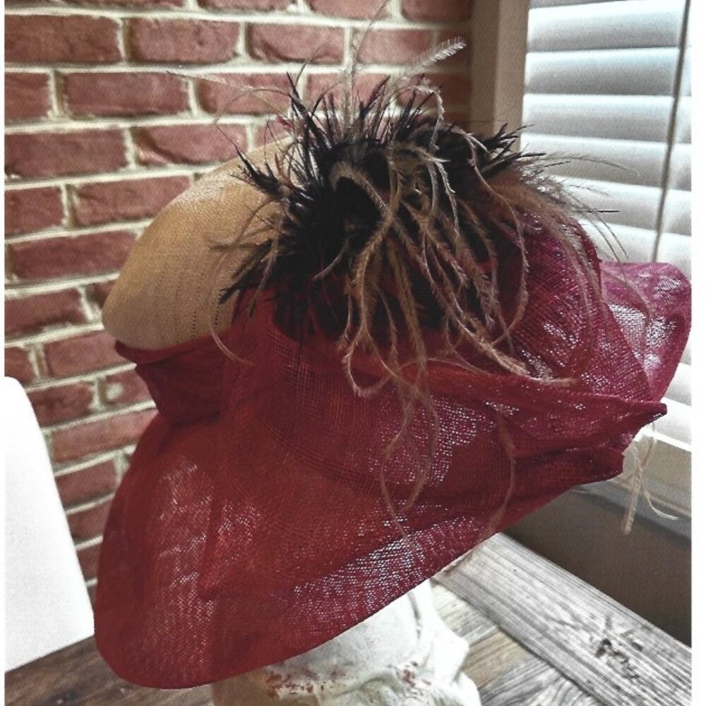 Charleston Hand-made Straw Hat *Couture* Raspberry Sinamay Brim with Ivory Crown